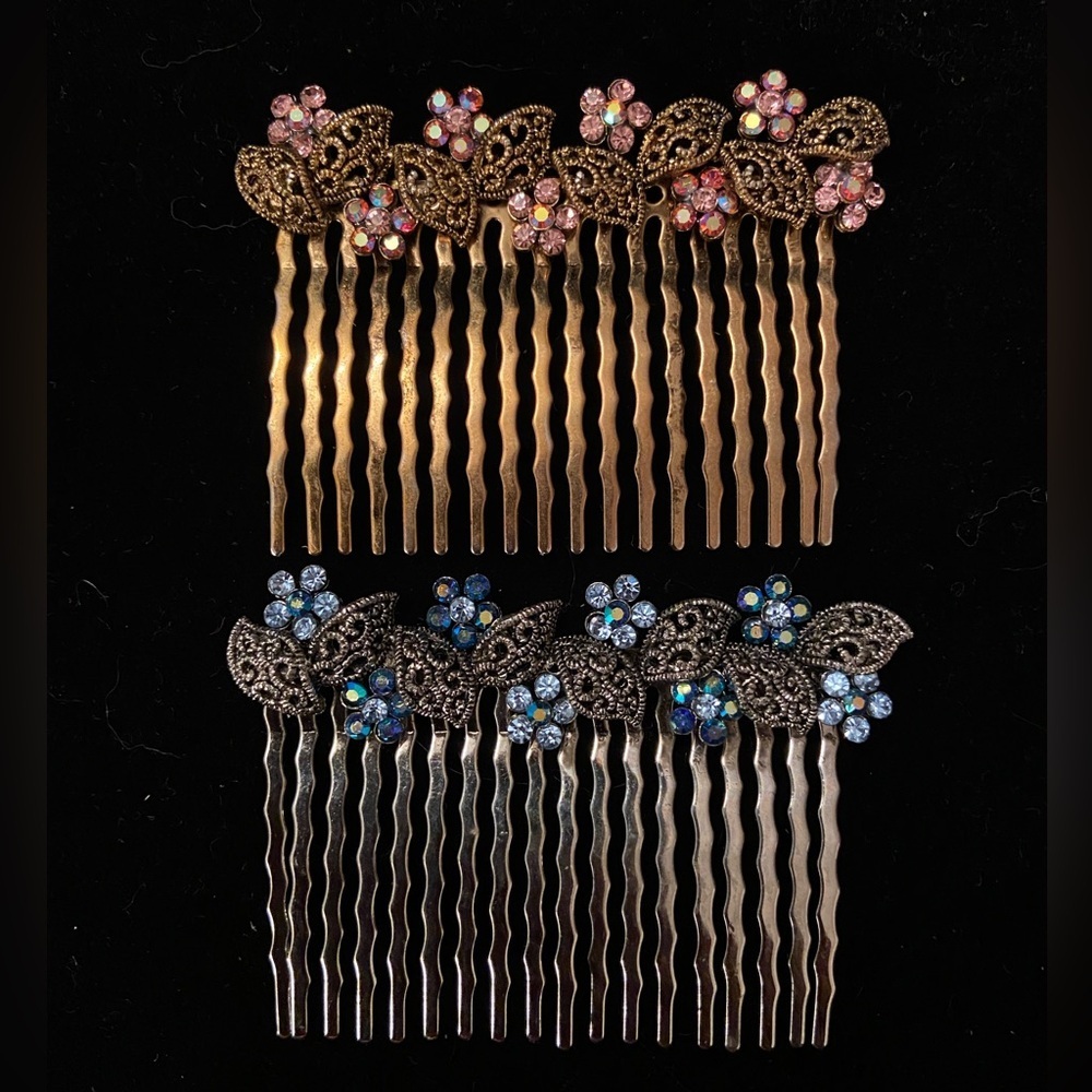 Set of 2 Crystal Floral Flower Hair Comb Formal Sparkle Pink Blue